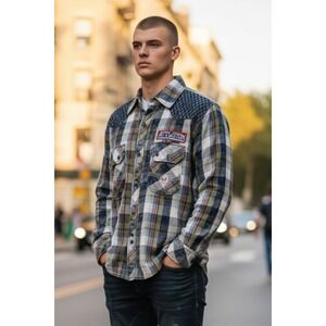 Affliction Blk Premium Plaid Long Sleeve Shirt Button Up American Custom Size XL